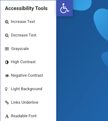 accessibility tools for ADA compliance - dropdown menu reads Accessibility Tools, Increase Text, Decrease Text, Grayscale, High Contrast, Negative Contrast, Llight Background, Links Underline, Readable Font